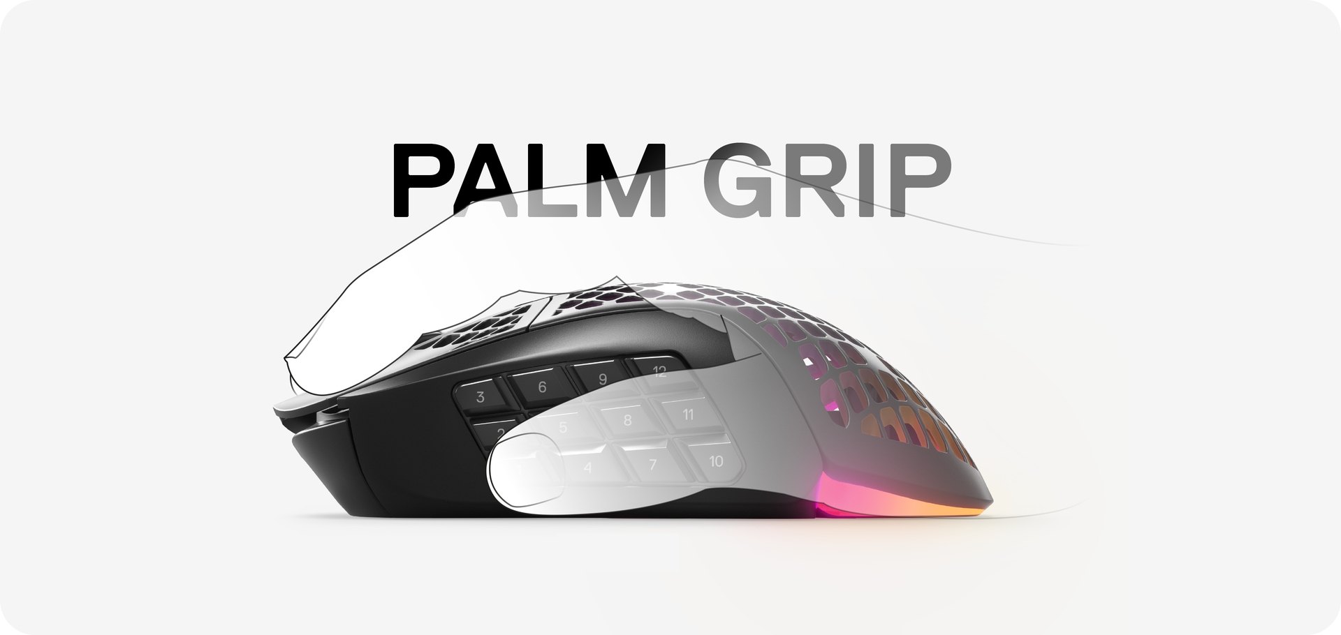 A hand using the Aerox 9 Wireless mouse with a palm grip.