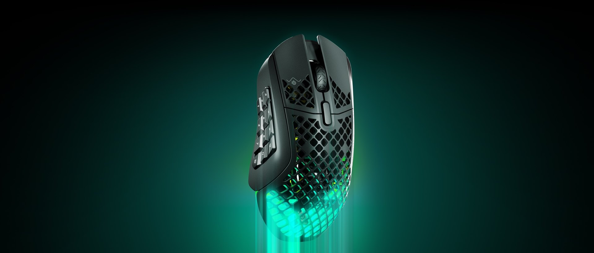 An Aerox 9 Wireless mouse with light beaming from the body.