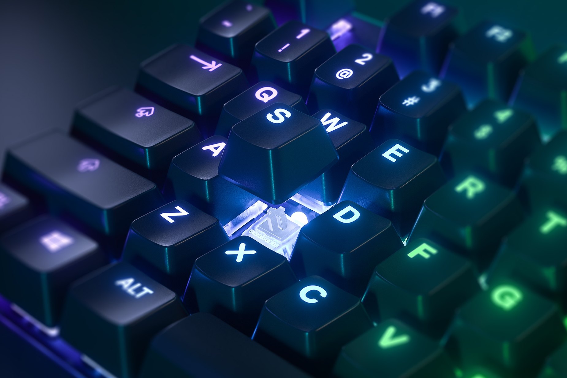 
 Zoomed in view of a single key on the German - Apex Pro TKL gaming keyboard, the key is raised up to show the SteelSeries OmniPoint Adjustable Mechanical Switch underneath
 