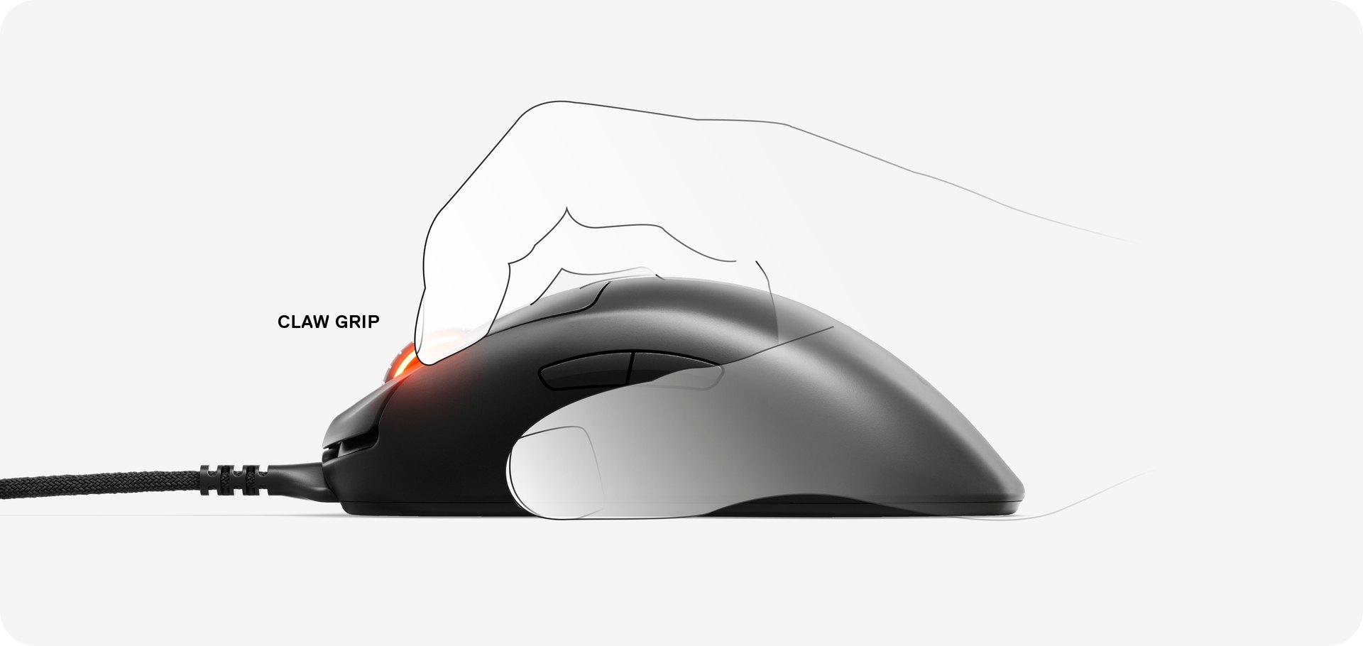 Illustration of a hand using the Prime Plus mouse with a claw grip.