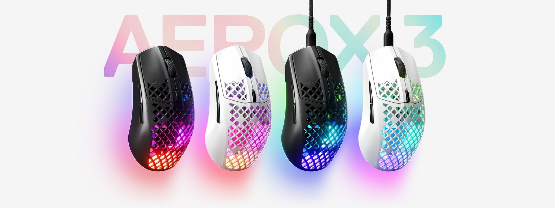 Lineup of all the Aerox 3 mice, with RGB illuminating through the holes of the mice. Text behind the mice reads, "Aerox 3".
