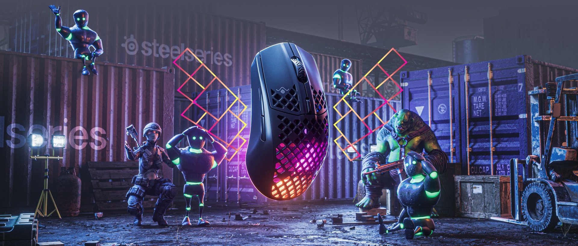 Aerox 3 Wireless 2022 mouse is floating in a shipyard full of containers that are labeled "SteelSeries". Lars the troll and a bunch of robotic figures with guns are admiring the levitating mouse.