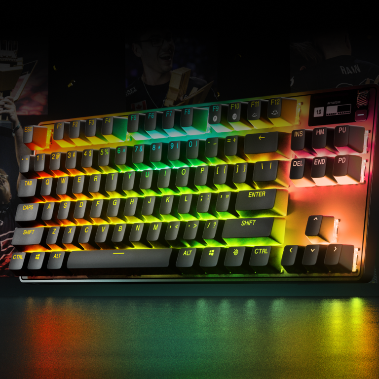 An Apex Pro TKL Wireless gaming keyboard, with Faze Clan pictured behind - winning a tournament.