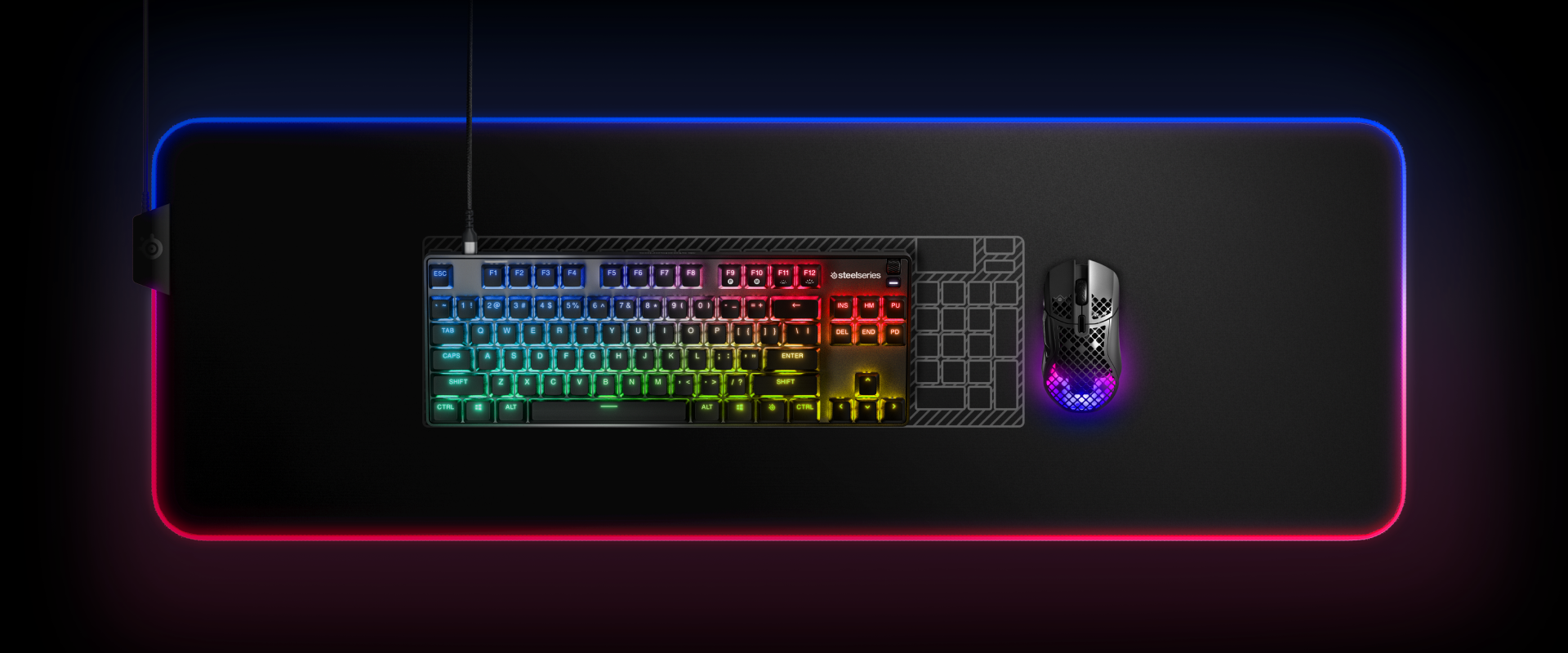 An Apex 9 keyboard with a blueprint of a full size Apex Pro keyboard behind it to illustrate the layout and size difference.