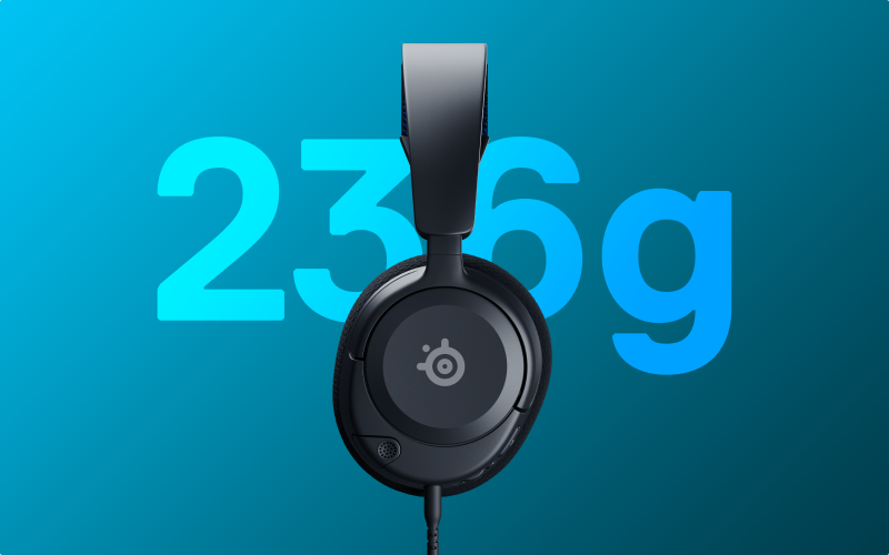 A side-facing view of the Arctis Nova 1 headset with the weight behind it. Text reads: "236 grams."