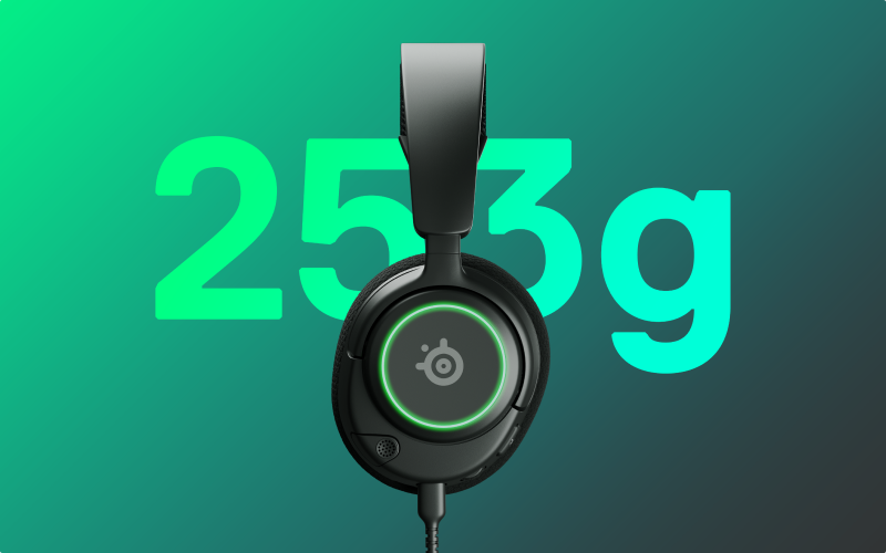 A side-facing view of the Arctis Nova 3 headset with the weight behind it. Text reads: "253 grams."