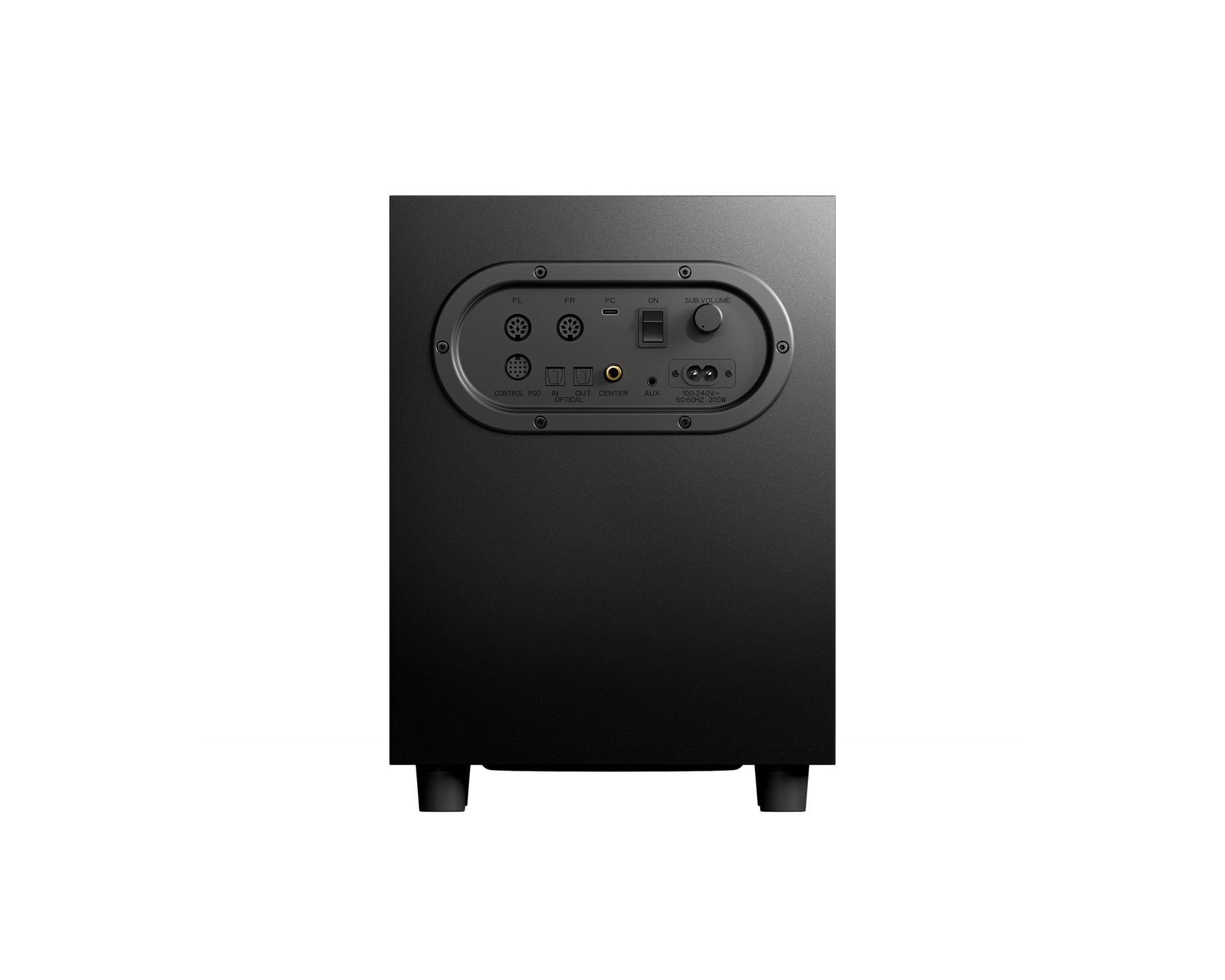 
 A back-facing view of the subwoofer, showing its multiple connection points.
 