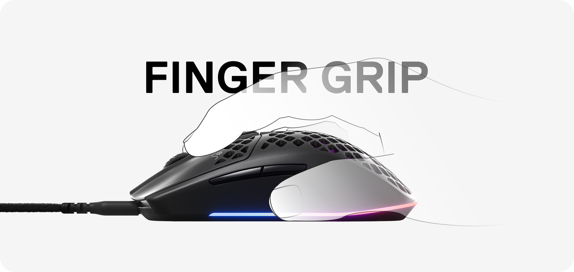 Example of an Aerox 3 2022 gaming mouse being used with a finger grip.
