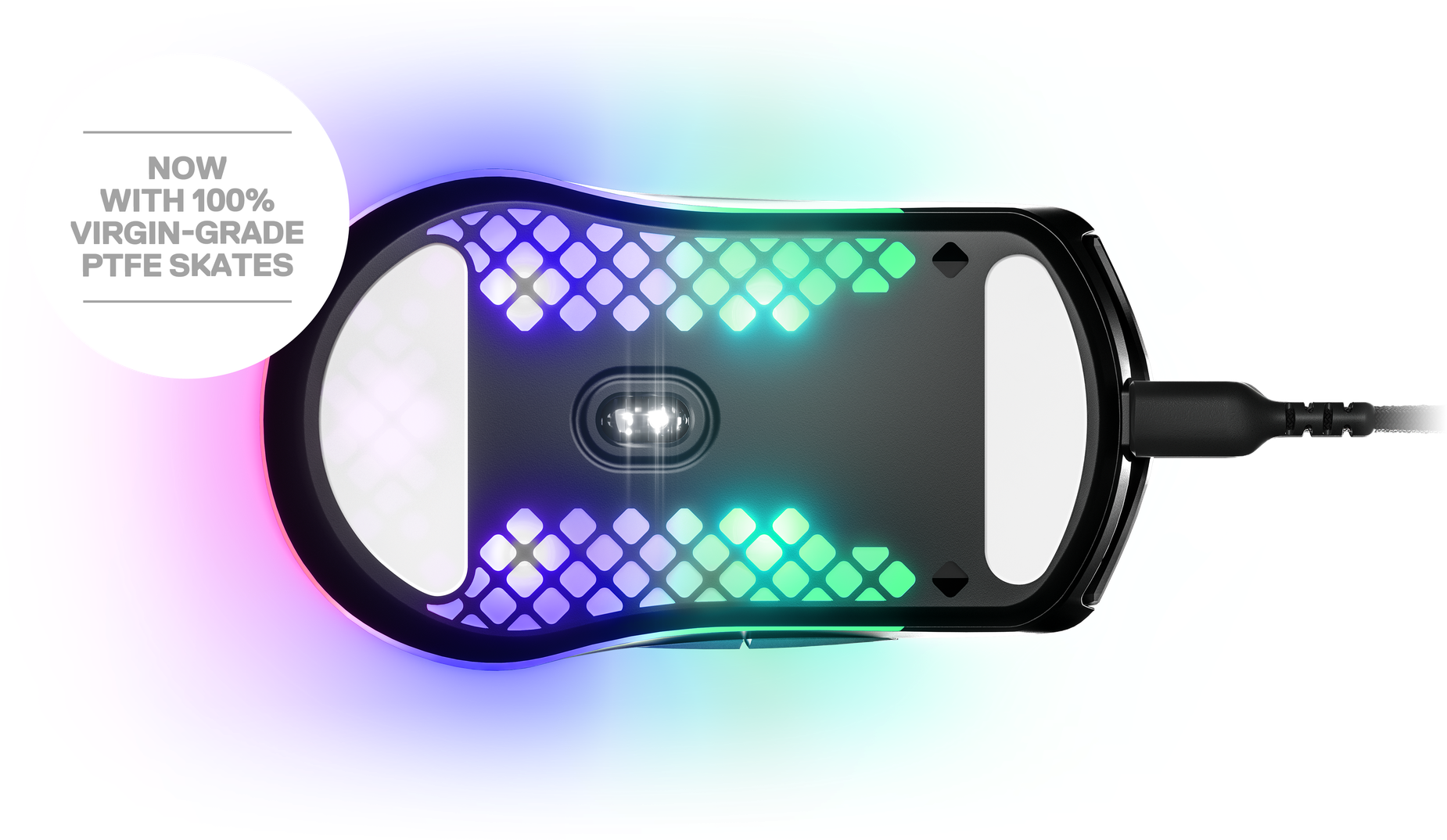 
 Bottom view of Aerox 3 (2022) gaming mouse. Shows newly designed mouse skates, which are wider than previous model. Text reads, "Now with 100% virgin-grade PTFE skates."
 