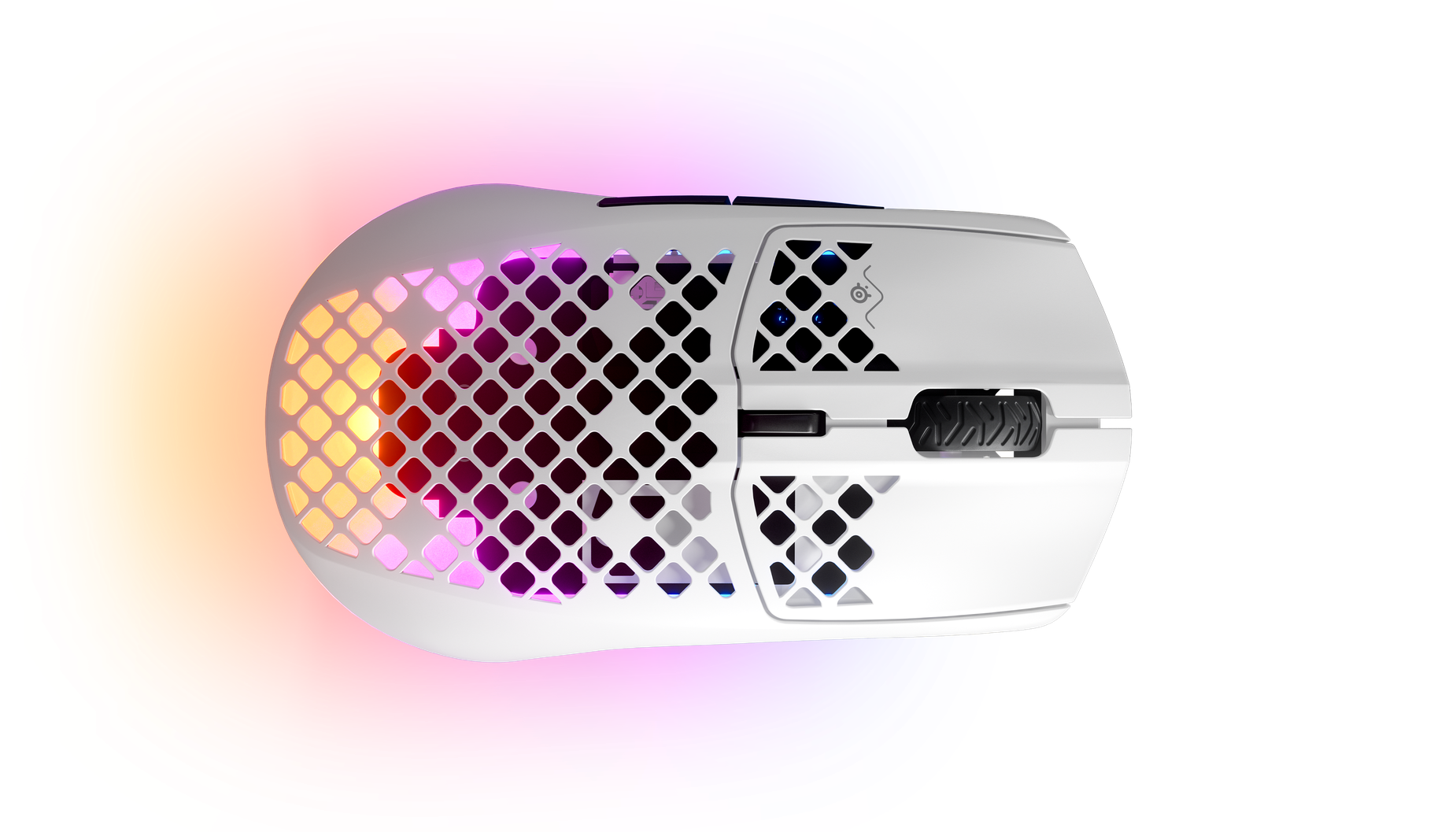 
 Overhead view of Aerox 3 Wireless (2022) mouse, with RGB gleaming through the holes of the mouse.
 